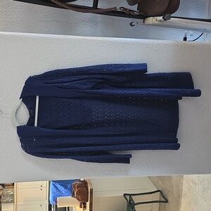 BloomChic Plain Geometric Eyelet Hooded Tunic Cardigan – Indigo